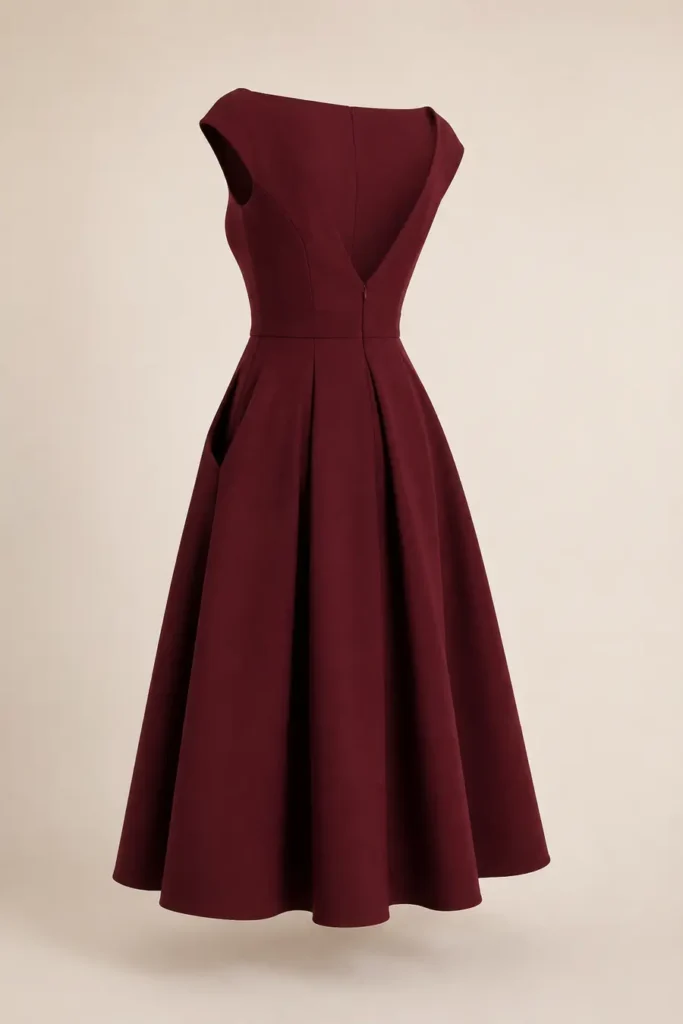 Imagen editorial de referencia de Belle Poque vestido midi con cuello barco y bolsillos