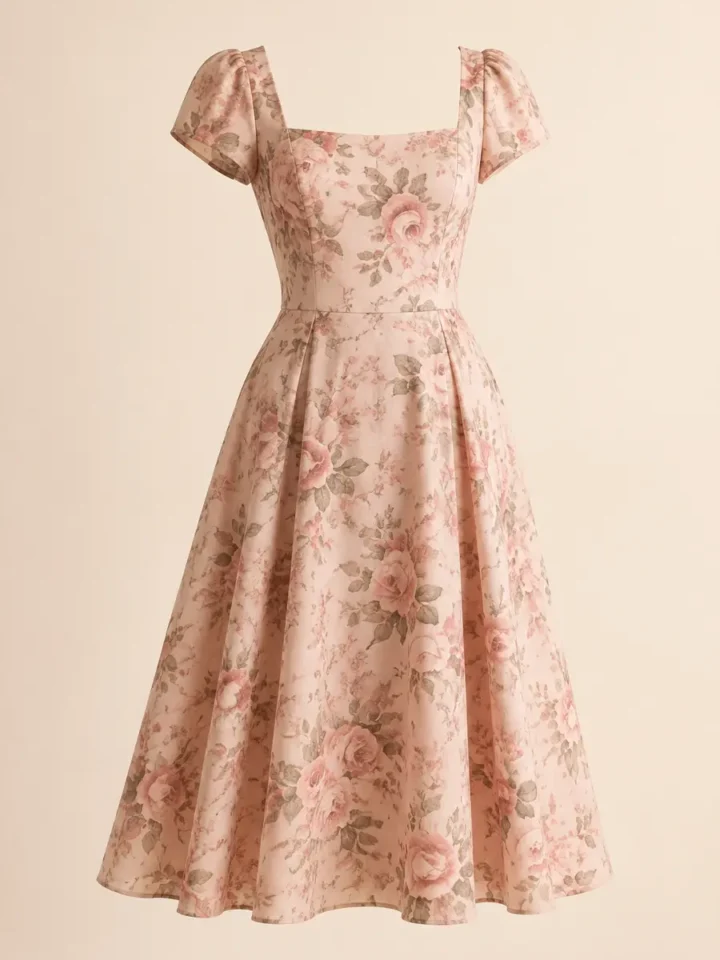Imagen editorial de referencia de BeryLove vestido de cóctel vintage con escote cuadrado